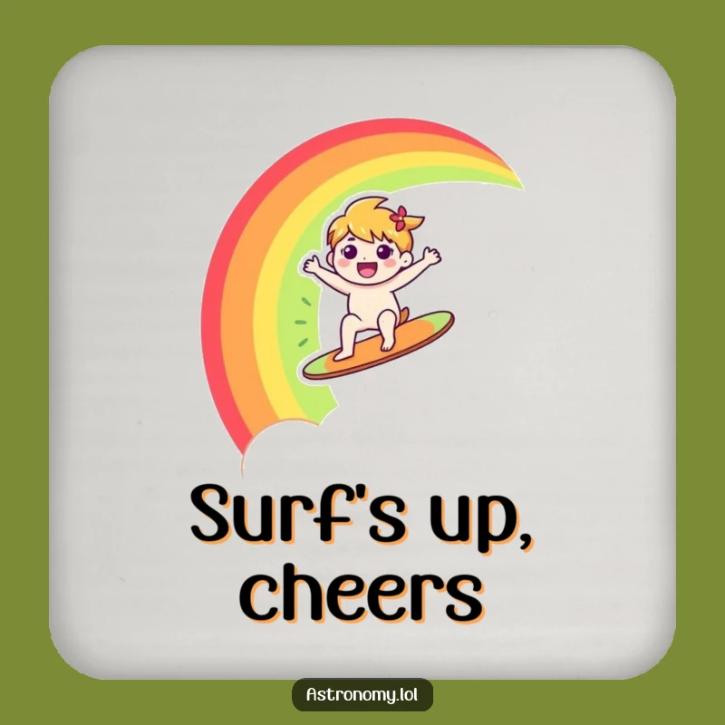Funny Rainbow Coaster: Happy Character Surfs Rainbow, Decorative Funny Gift
