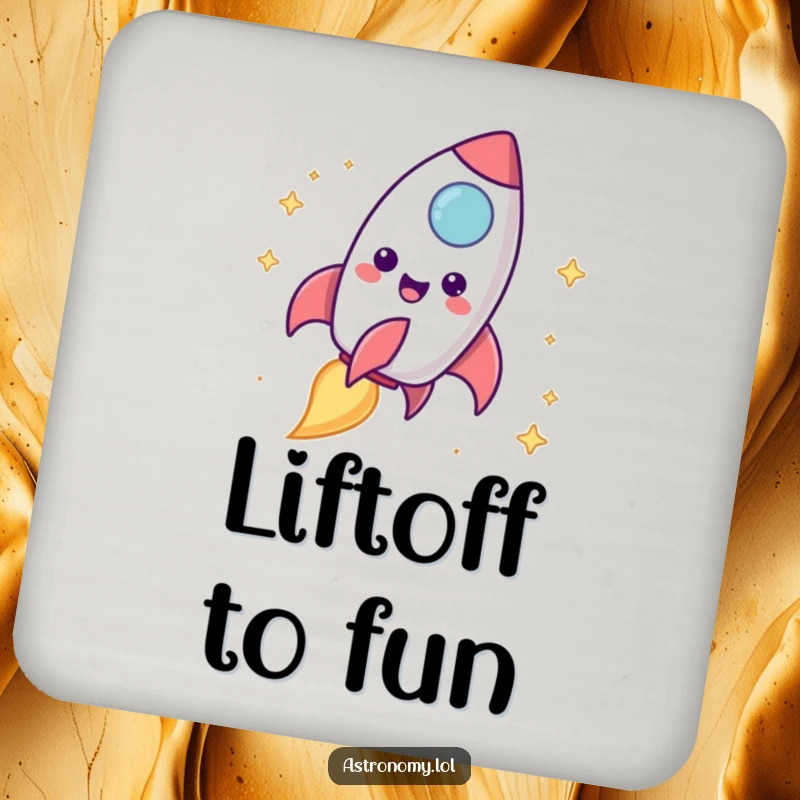 Funny rocket ship drink coaster showing a happy character blasting off with a cheerful trail, suitable for any table.