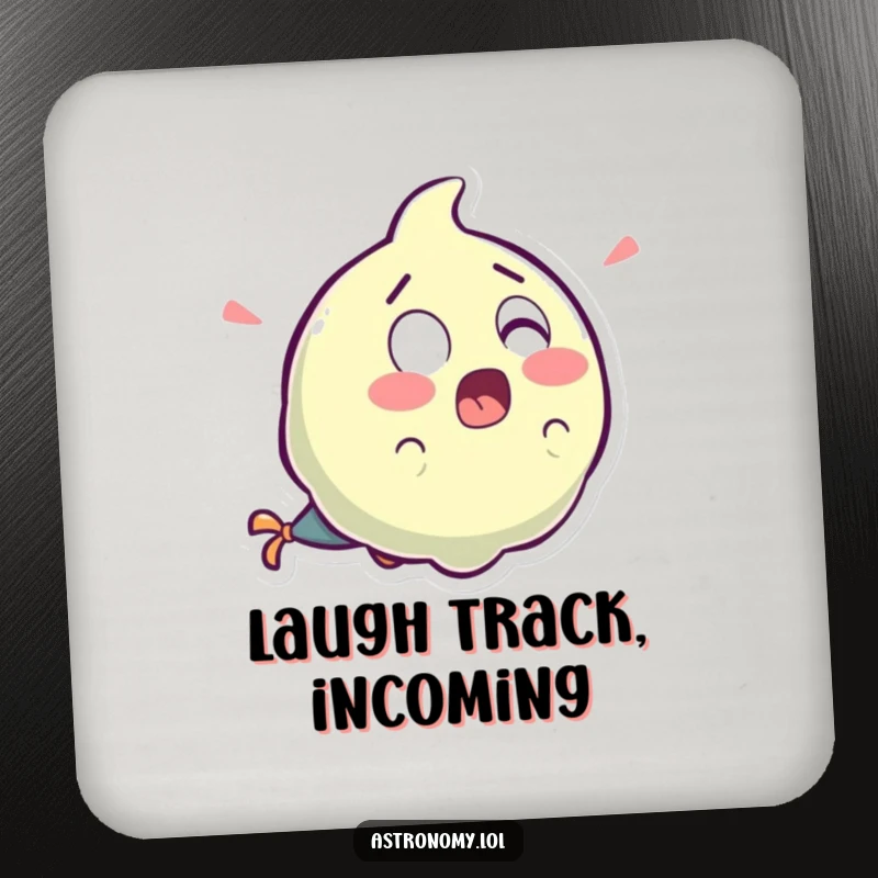 Funny surprised comet with a wide-eyed expression and a tail of laughter, a humorous drink coaster.