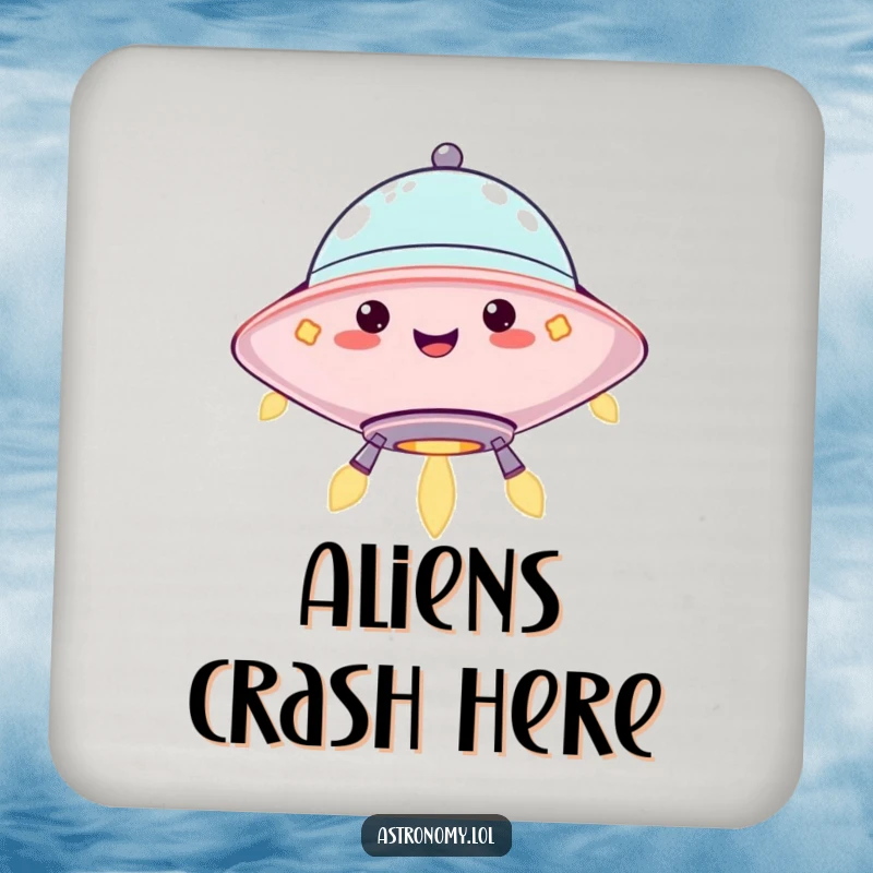 Funny coaster with a jolly UFO character hovering with blinking lights, protecting surfaces with cheerful charm. Unique gift.