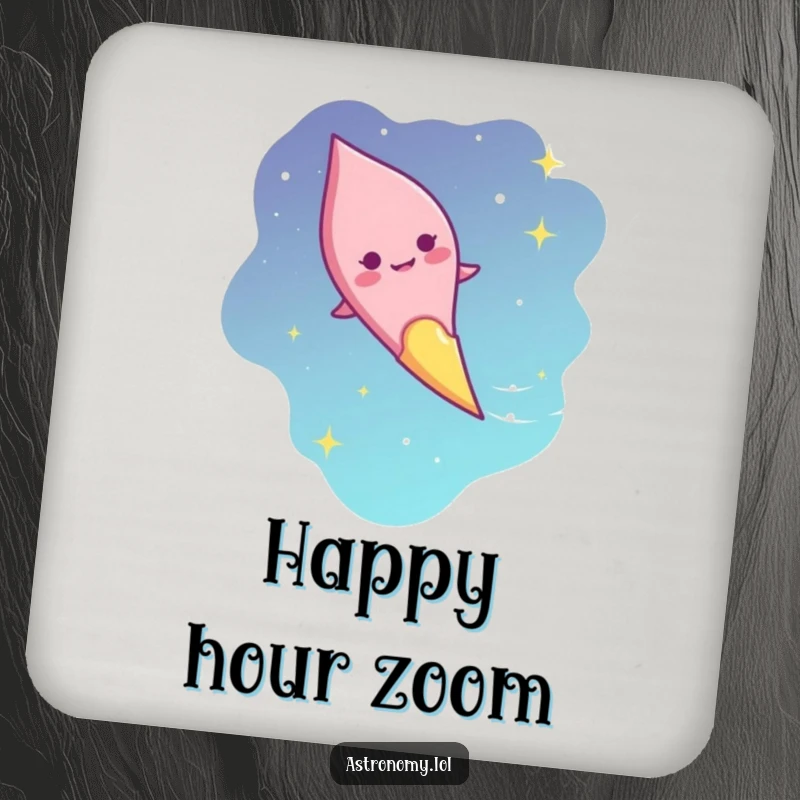 Funny comet trails coasters with giggling character streaking across the sky, a humorous and protective gift.
