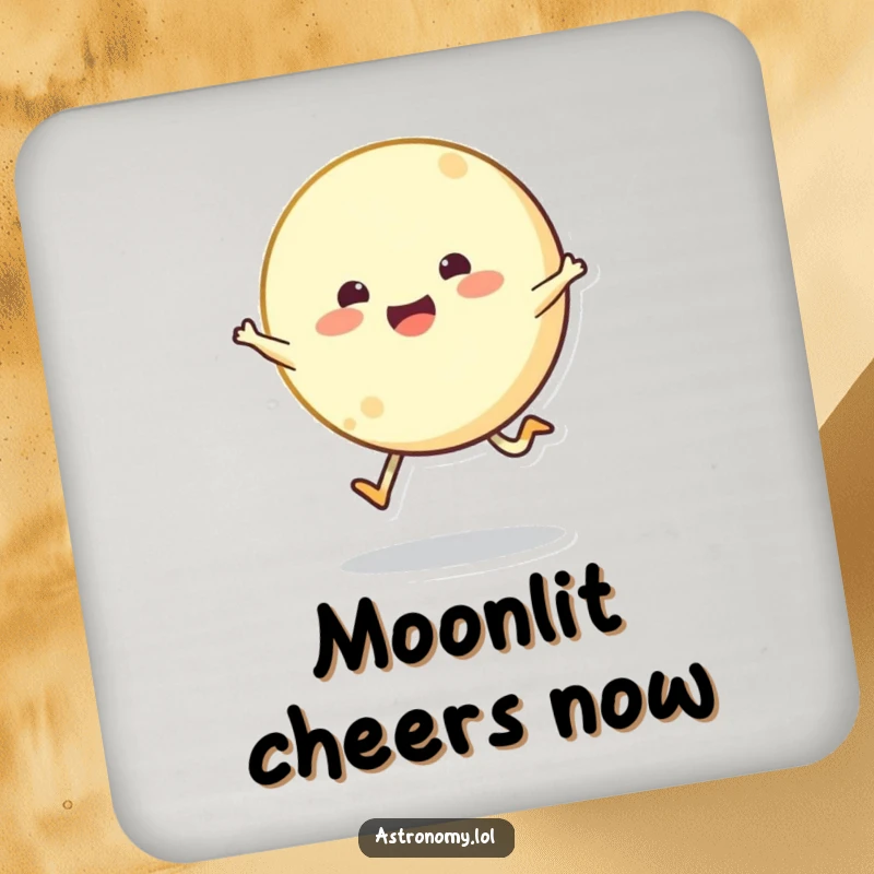 Bouncing moon character joyfully skipping across the sky on drink coasters, adding cheerful lunar flair.