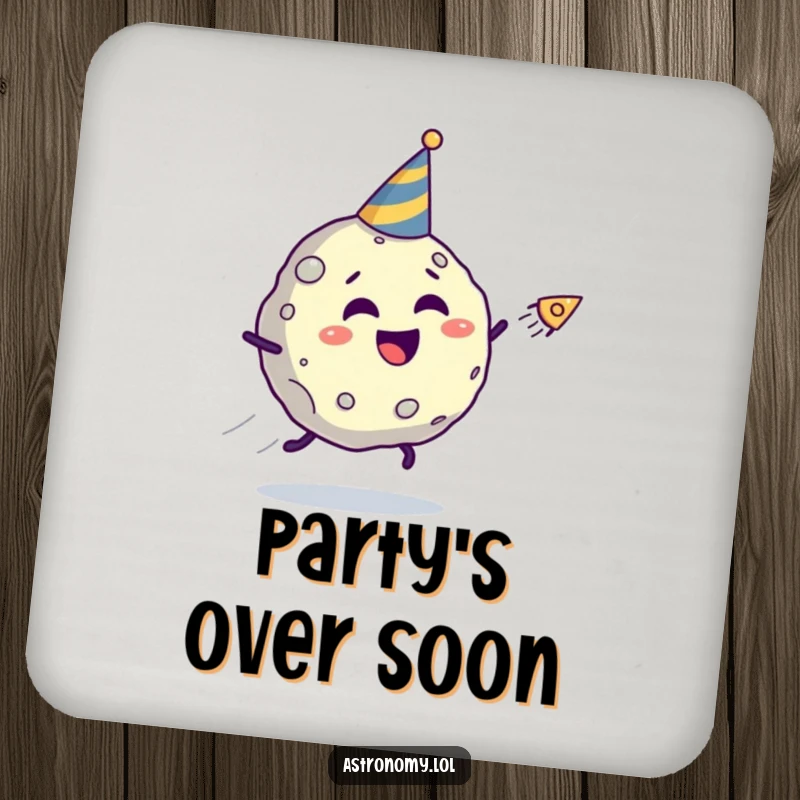 Funny asteroid drink coaster showing a giggling character in a party hat being chased by a comet, adding humor to tabletops.