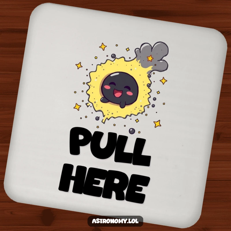 Funny cheerful black hole character playfully swirling stardust on a protective drink coaster, adding cosmic flair.