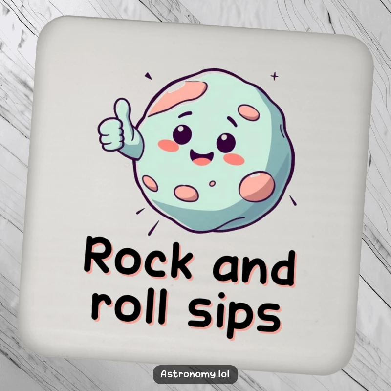 Funny drink coaster featuring a bouncing asteroid character giving a cheerful thumbs up, designed to protect surfaces with cosmic humor.