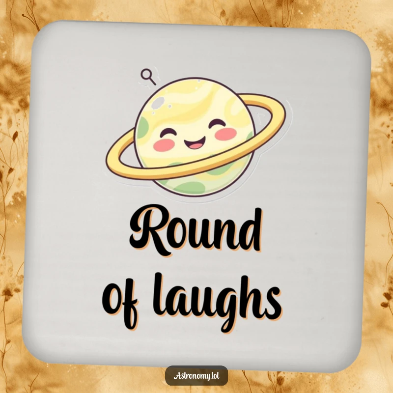 Funny happy planet character with a wide smile and spinning rings, a humorous drink coaster.