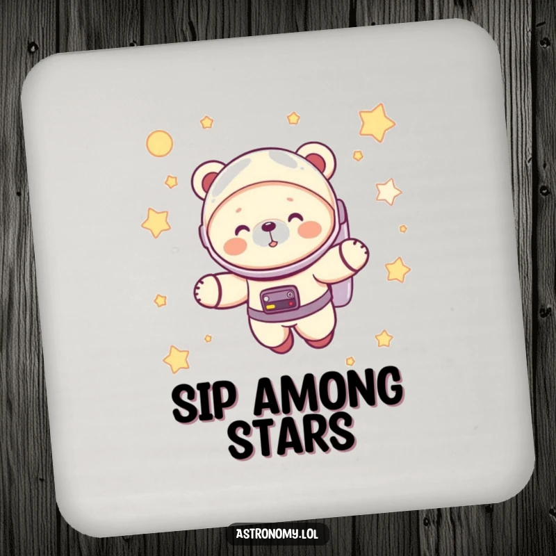 Funny astronaut bear cub giggling in a spacesuit, floating among stars, a humorous drink coaster for surface protection.