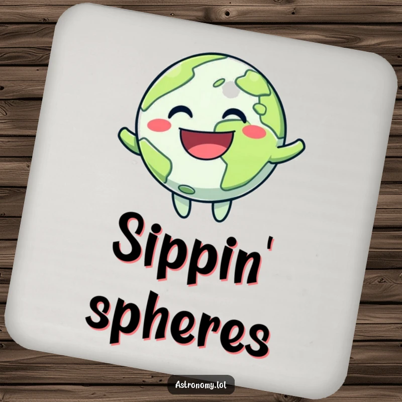 Funny drink coaster featuring a bouncing planet character with an enormous grin, providing surface protection with a dose of cosmic glee.