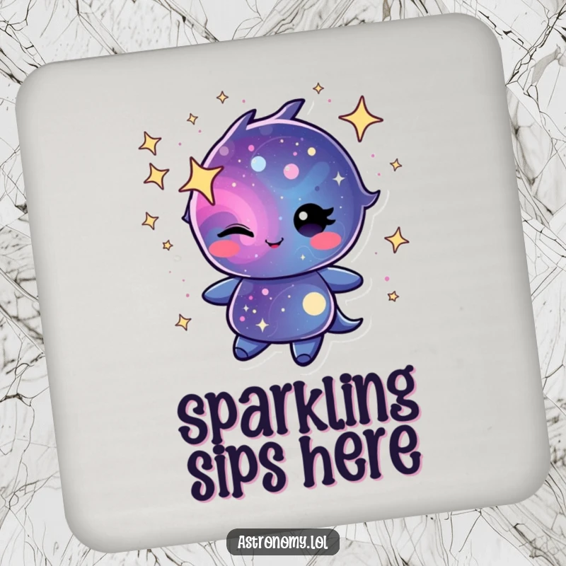 Winking galaxy character swirling with cheerful stardust on drink coasters, adding cosmic charm and surface protection.