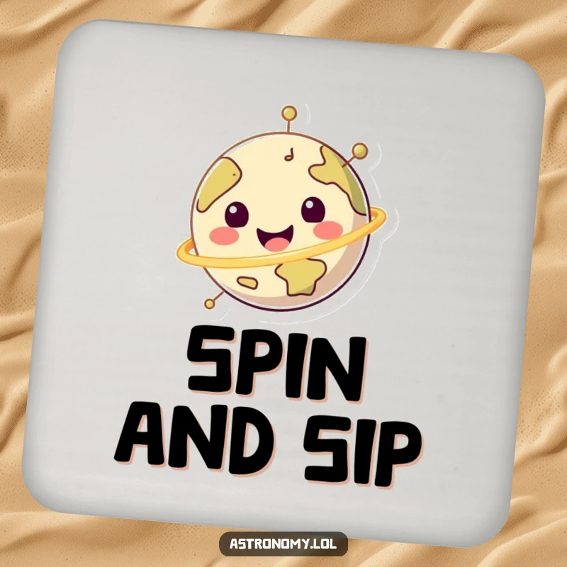 Funny happy planet character spinning cheerfully on a protective drink coaster, adding a touch of joy.