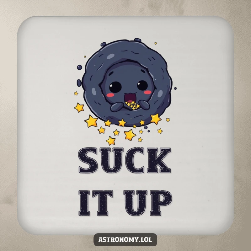 Funny Coaster: A Mischievous Black Hole Character Sucking in Stars, protecting surfaces with cosmic humor. A delightful gift.