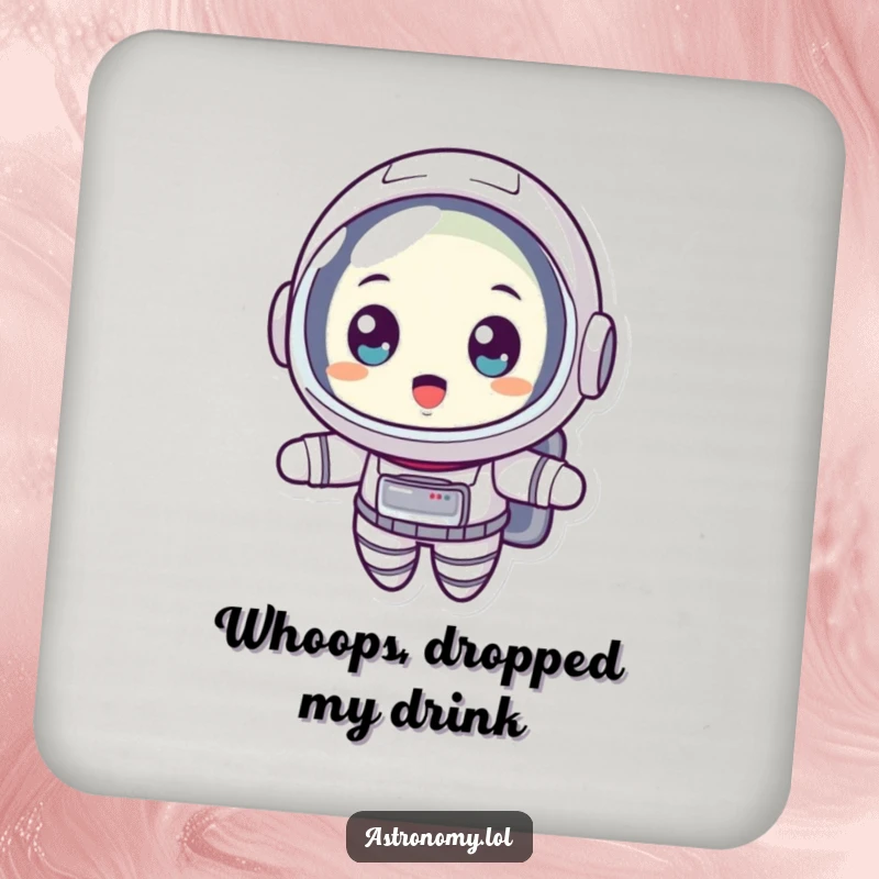 Funny coaster featuring a surprised astronaut floating with wide eyes, protecting surfaces with a dose of cosmic amusement.