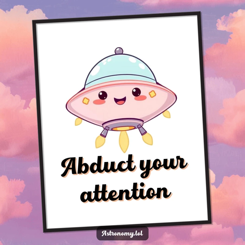 Funny poster art of a jolly UFO character hovering with cheerful, blinking lights, creating a whimsical cosmic scene. Unique gift.