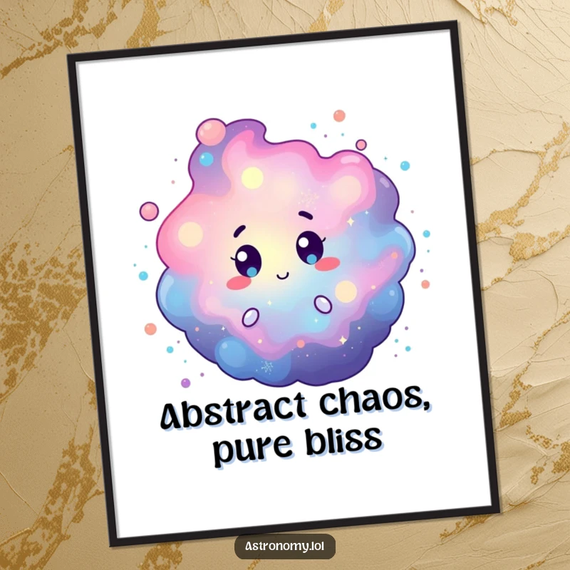 Funny poster art of a curious nebula character with vibrant, swirling cosmic dust, creating a mesmerizing cosmic scene. Wall decor gift.