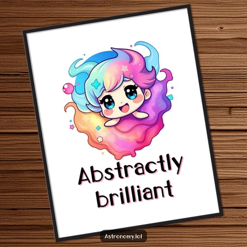 Funny nebula poster displaying a delighted character immersed in a vibrant, swirling cosmic cloud, ideal for space enthusiasts.