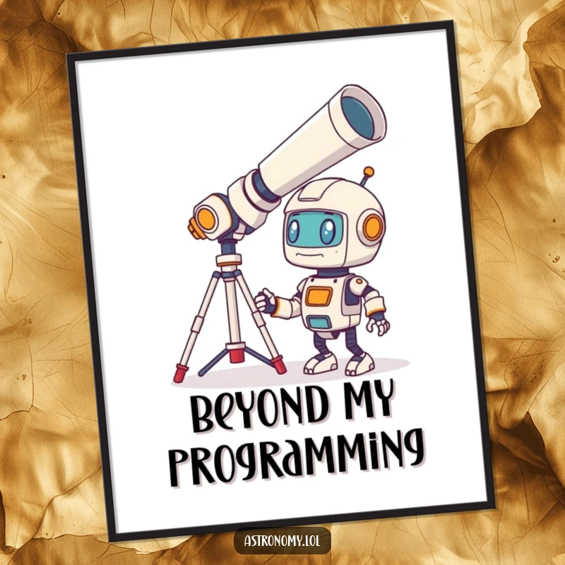 Funny Robot Poster showing a bewildered little character looking through a giant telescope, adding whimsical sci-fi decor and humor.