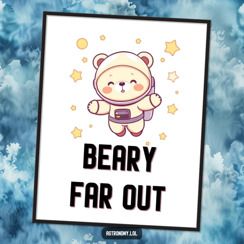 Funny astronaut bear cub giggling in a spacesuit, floating amongst stars, a vibrant and humorous poster for wall decoration.