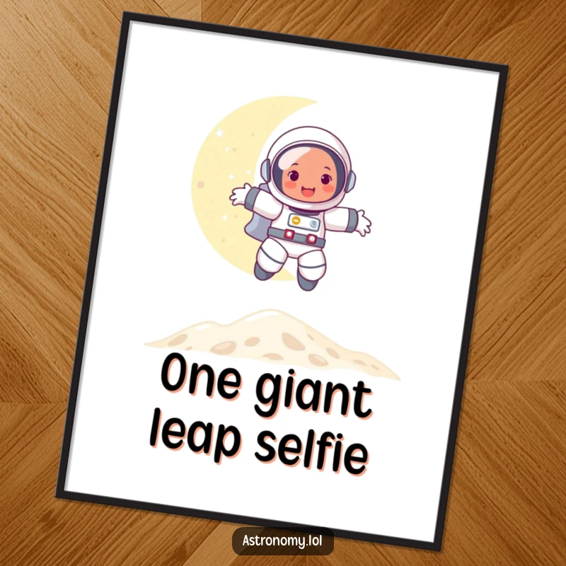 Funny poster print of a cheerful astronaut joyfully bouncing on the moon, bringing a sense of lunar exploration and happiness to decor.