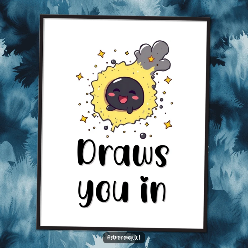 Funny cheerful black hole character playfully swirling stardust across a dark background in a poster print, full of wonder.