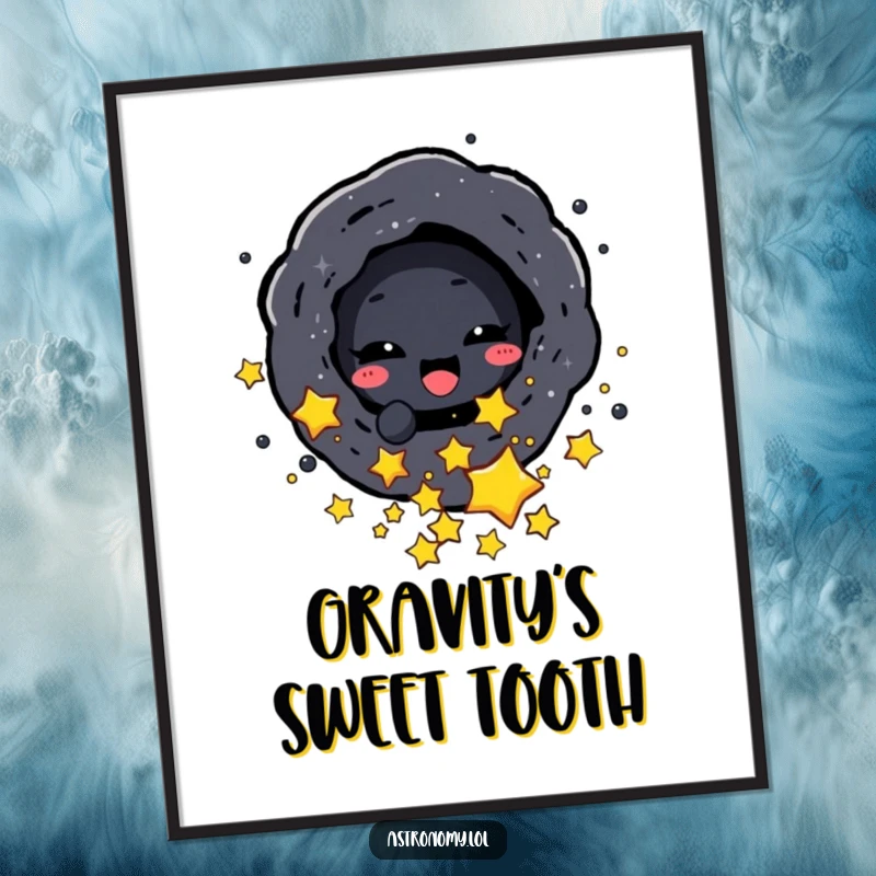 Funny poster of a delighted black hole character playfully consuming small stars, perfect for adding cosmic drama.