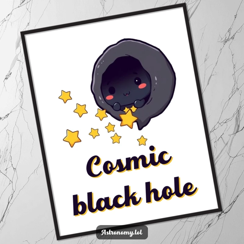 Funny black hole character playfully sucking in tiny stars on a vibrant poster, perfect for space-themed humor decor.