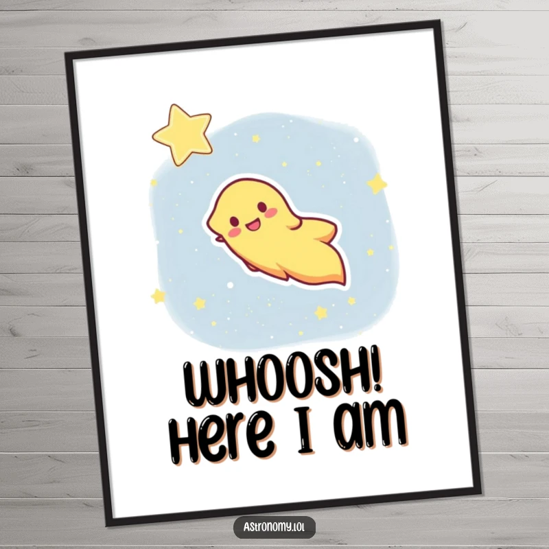 Funny poster depicting a joyful comet with a bright, streaking tail across a vast starry sky, capturing cosmic motion.