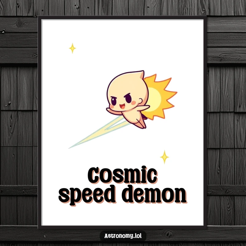 Funny meteor character streaking determinedly across the sky on a poster, adding dynamic humor and cosmic energy.