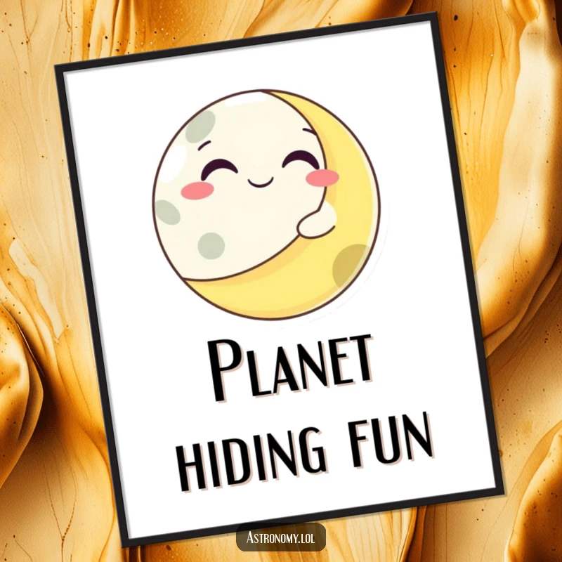 Funny grinning moon character slyly winking from behind a textured planet, creating a whimsical and humorous wall art.
