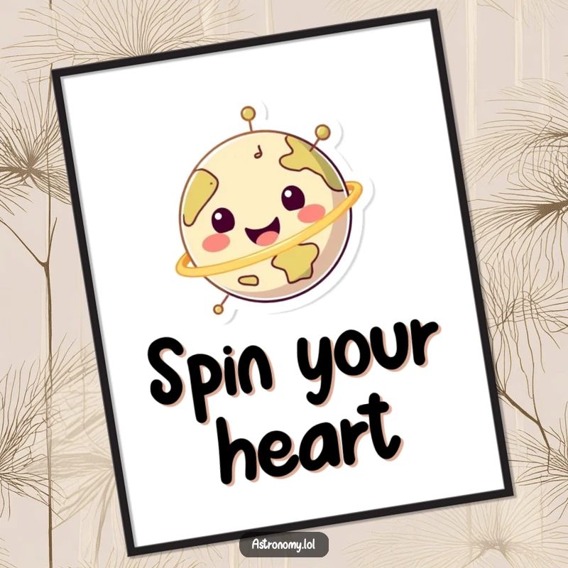 Funny happy planet character in a perpetual, cheerful spin, on a vibrant poster print, bringing joy.