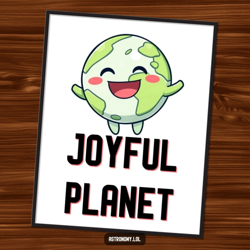 Funny poster art of a small, beaming planet character in a perpetual bounce, radiating happiness and playful energy in space.
