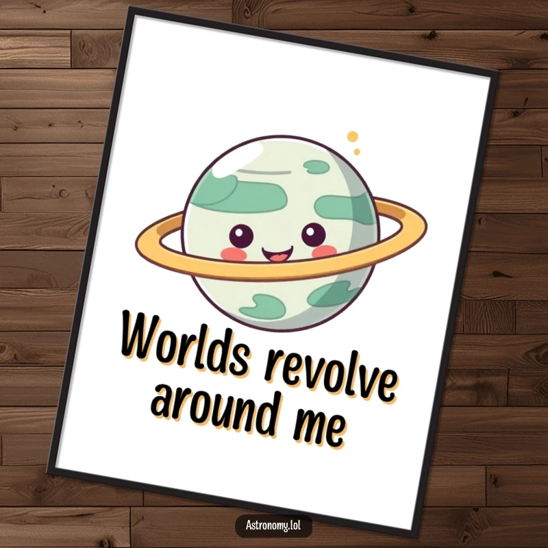 Funny poster showcasing a playful planet character surrounded by dynamic spinning rings, an artistic and humorous cosmic scene.