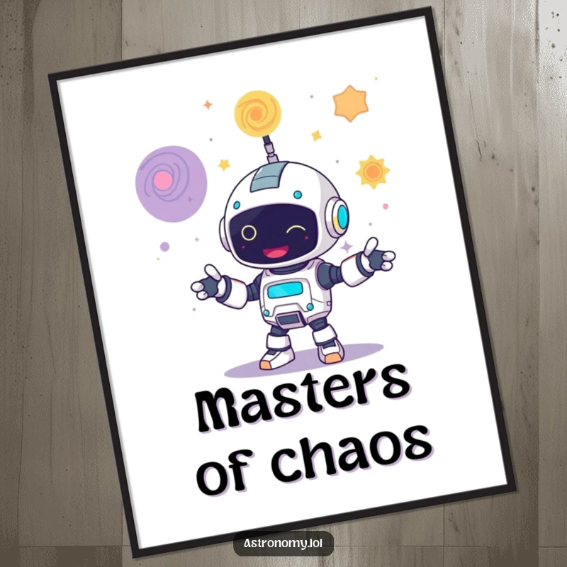 Funny poster art of a giggling robot juggling three swirling galaxies, adding a humorous and cosmic vibe.