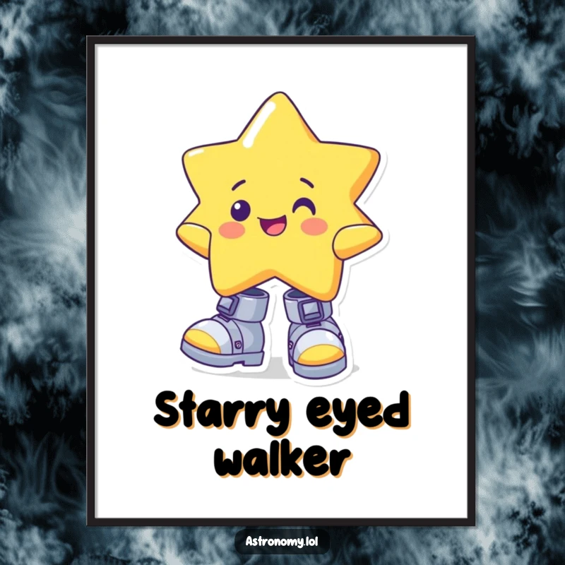 Funny star poster showing a cheerful character wearing oversized, wonky gravity boots, adding humorous and bright space decor.
