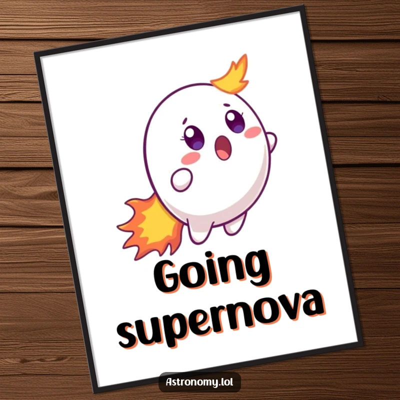 Funny poster displaying a surprised comet with a wide-eyed expression and a dynamic, fiery tail, creating a humorous cosmic scene.