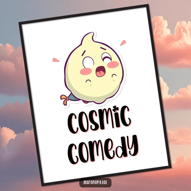 Funny surprised comet with a wide-eyed look and a tail of laughter, presented as humorous wall art.