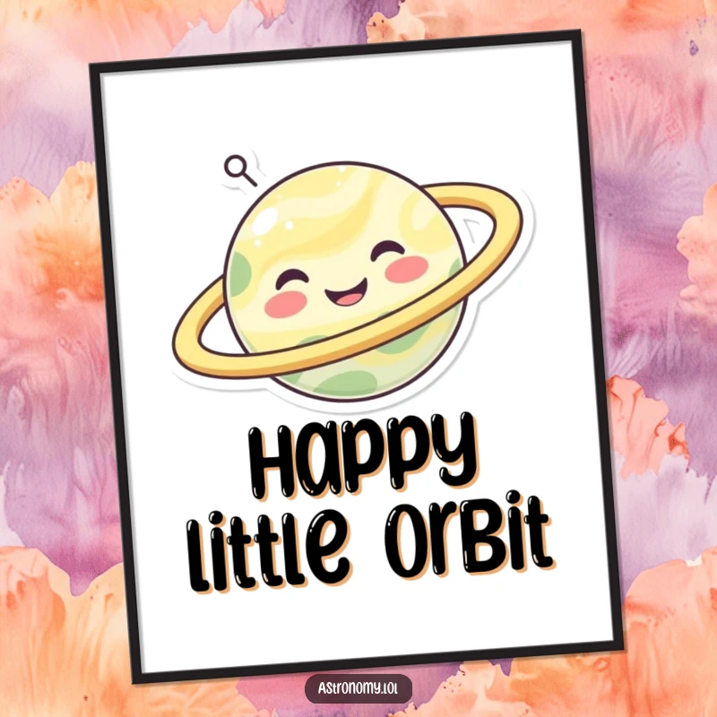 Funny happy planet character with a wide smile and spinning rings, as humorous wall art.