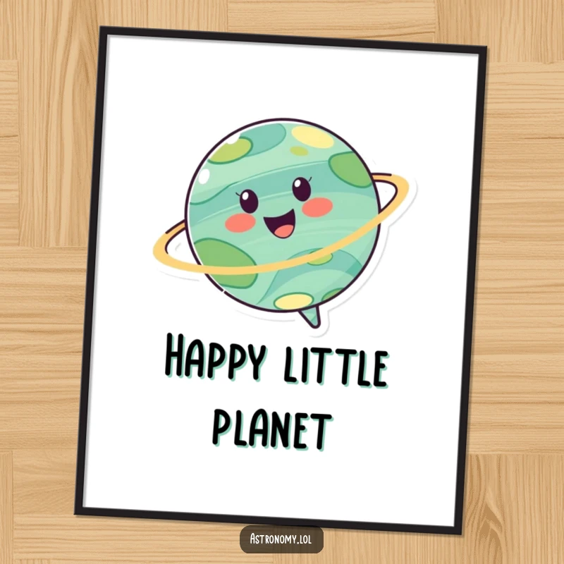 Funny poster print of a cheerful planet character spinning joyfully, bringing a sense of cosmic happiness and energetic delight to decor.