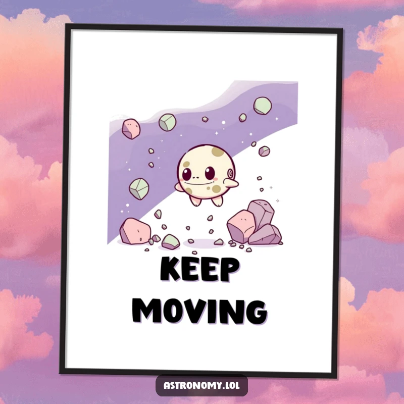 Funny Poster: A Determined Asteroid Character Navigating Debris, creating inspiring and humorous cosmic wall art. A fantastic gift idea.