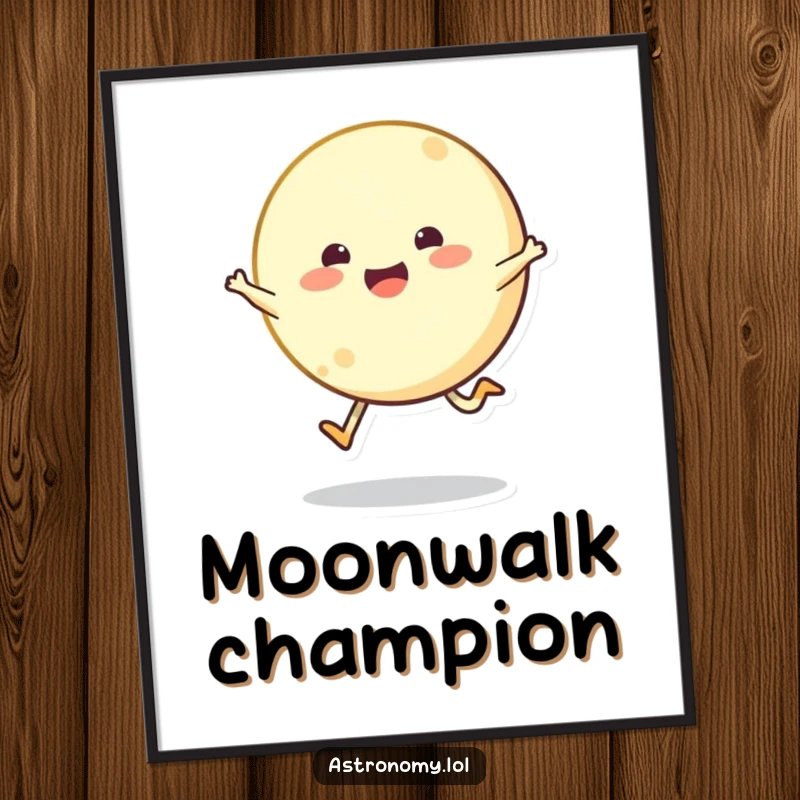 Bouncing moon character joyfully skipping across the sky on a poster, bringing playful lunar energy to your decor.
