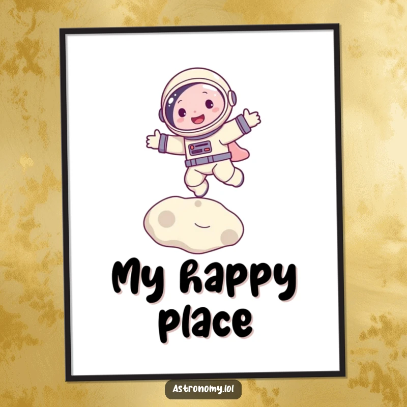 Funny poster art of a gleeful astronaut character bouncing enthusiastically on the moon, a humorous addition to any wall.
