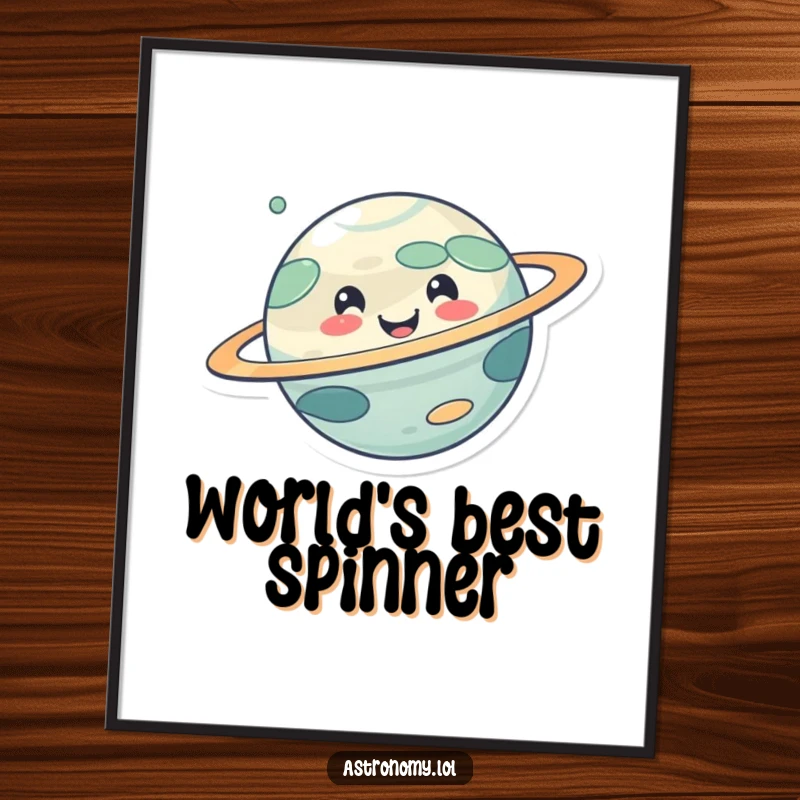 Funny poster of a cute, smiling planet character in a happy spin, bringing cheerful cosmic vibes to any room.