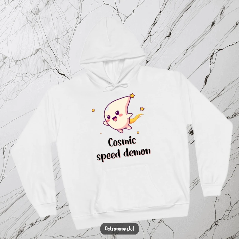 Funny hoodie depicting a cheerful comet character in full flight through space, exuding happiness and cosmic adventure in soft, warm fabric.