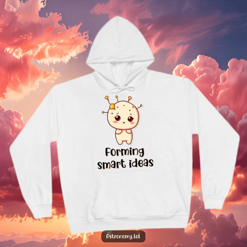 Funny constellation hoodie showcasing a curious character humorously shaping itself out of stars, offering warmth and laughs.