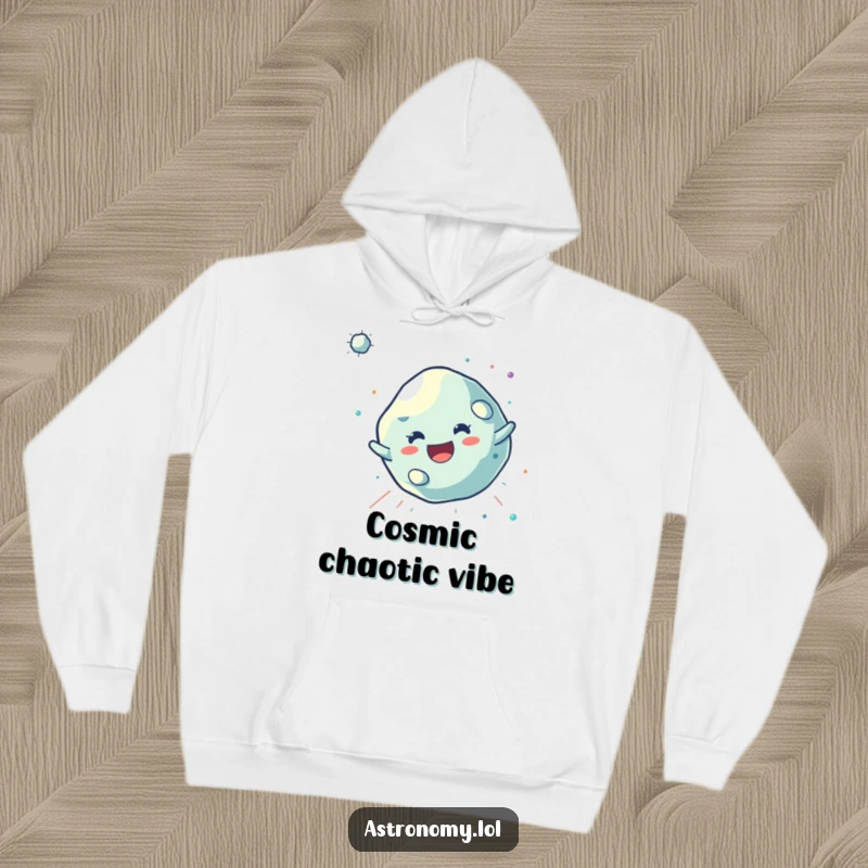 Funny Asteroid Hoodie featuring a joyful, tumbling character, providing warmth and a sense of playful, cosmic freedom.