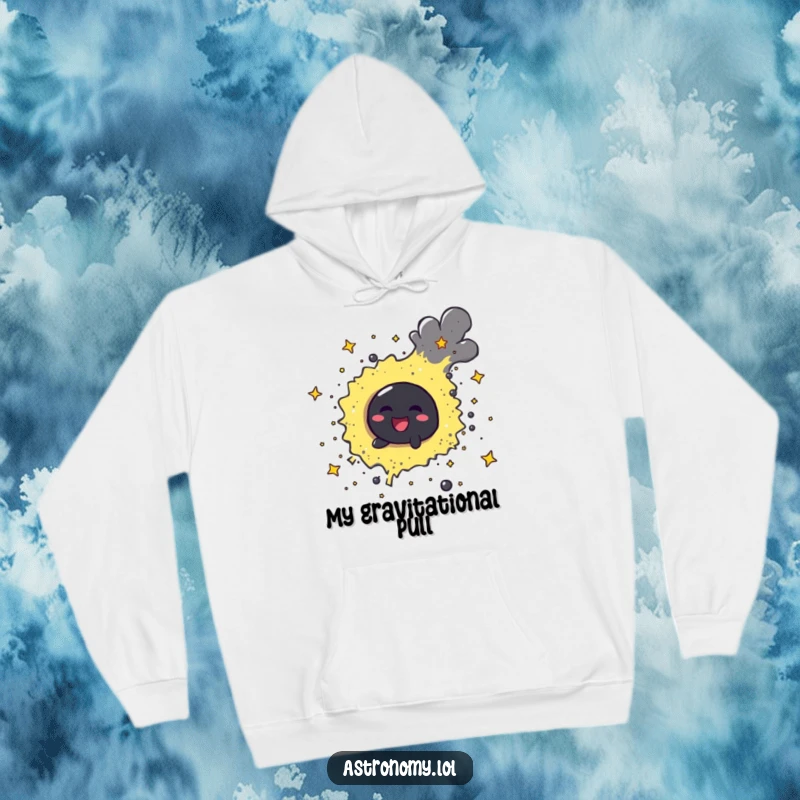Funny cheerful black hole character playfully swirling stardust on a warm hoodie, inviting cosmic warmth.