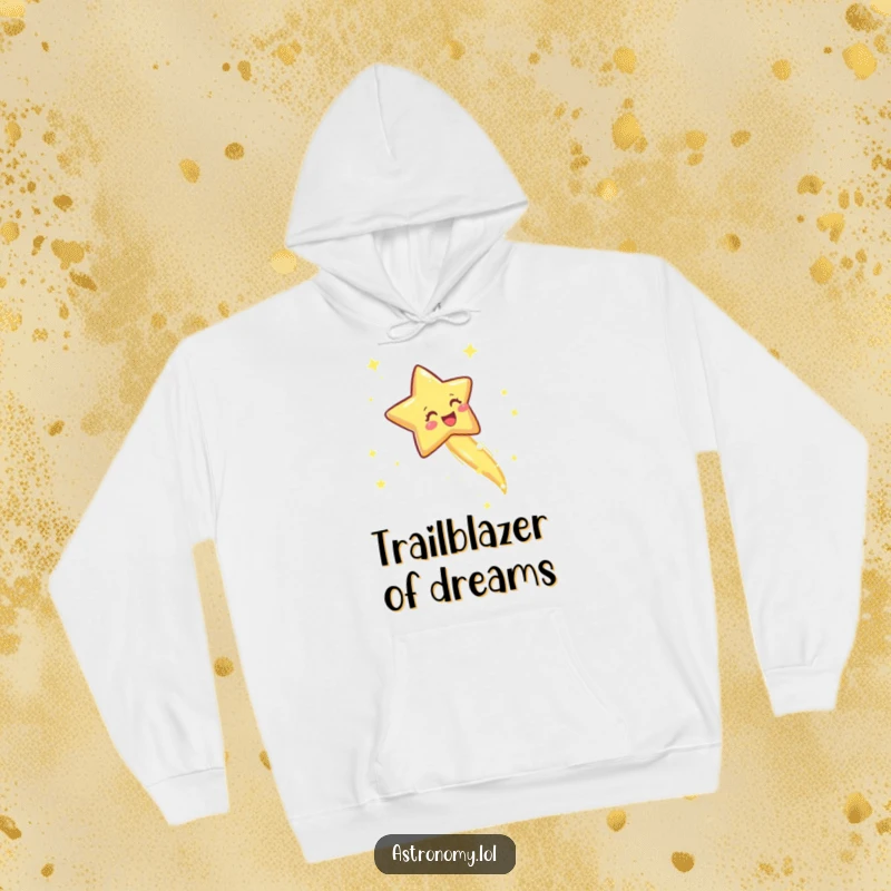 Funny hoodie showcasing a joyful shooting star with a sparkly trail, offering warmth and a touch of celestial magic.