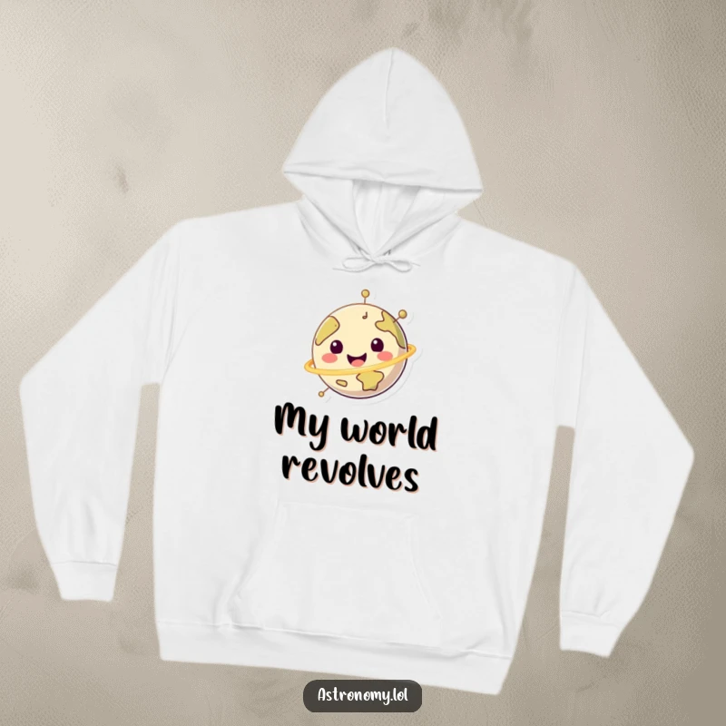 Funny happy planet character spinning with glee on a warm hoodie, perfect for staying cozy and happy.