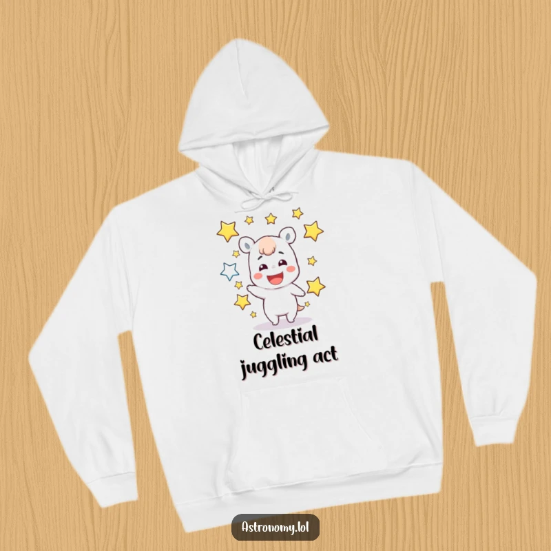 Funny Hoodie: A happy character with a wide grin artistically juggles several glowing stars, embodying joy and celestial wonder.