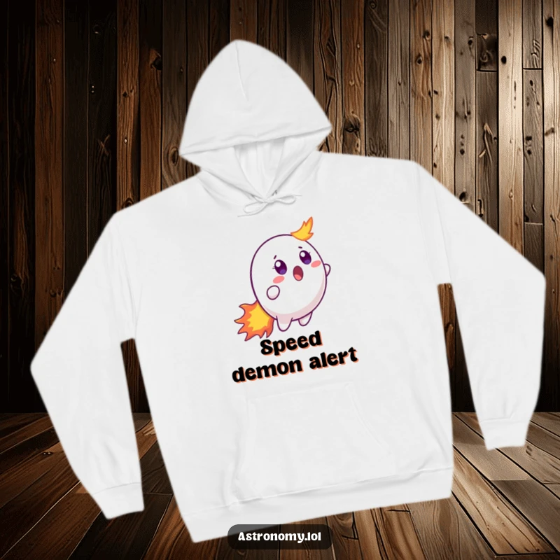Funny hoodie with a surprised comet illustration, its fiery tail trailing behind as it zooms through space with a shocked expression.