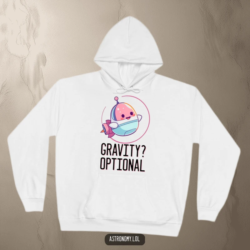 Funny Hoodie: A Cheerful Spaceship Character Performing a Loop-de-Loop, offering cozy comfort and dynamic design. An excellent present.